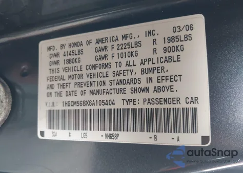 2006 Honda Accord 2.4 Ex from USA, damaged, VIN 1HGCM568X6A105404